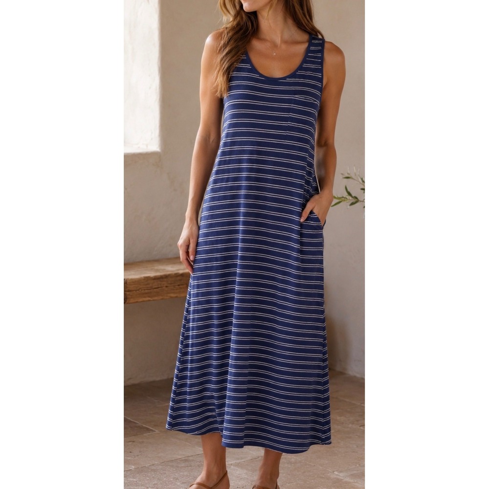 Sonoma sz XL Navy Striped Relaxed Stretchy Midi Dress Travel Soft Comfy Minimal